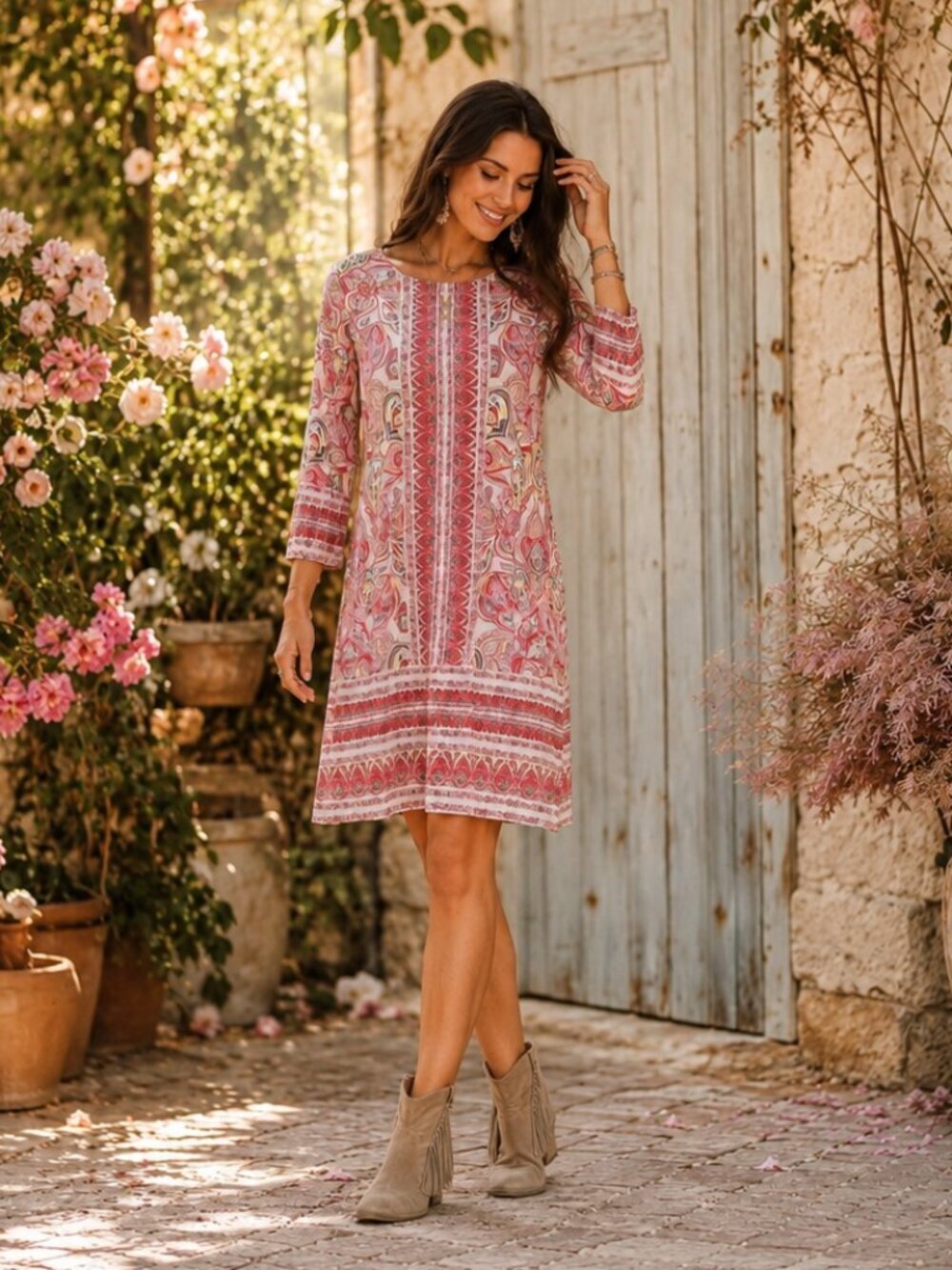 Haani Pink Paisley Boho Midi Dress Small 70s Retro Long Sleeve
